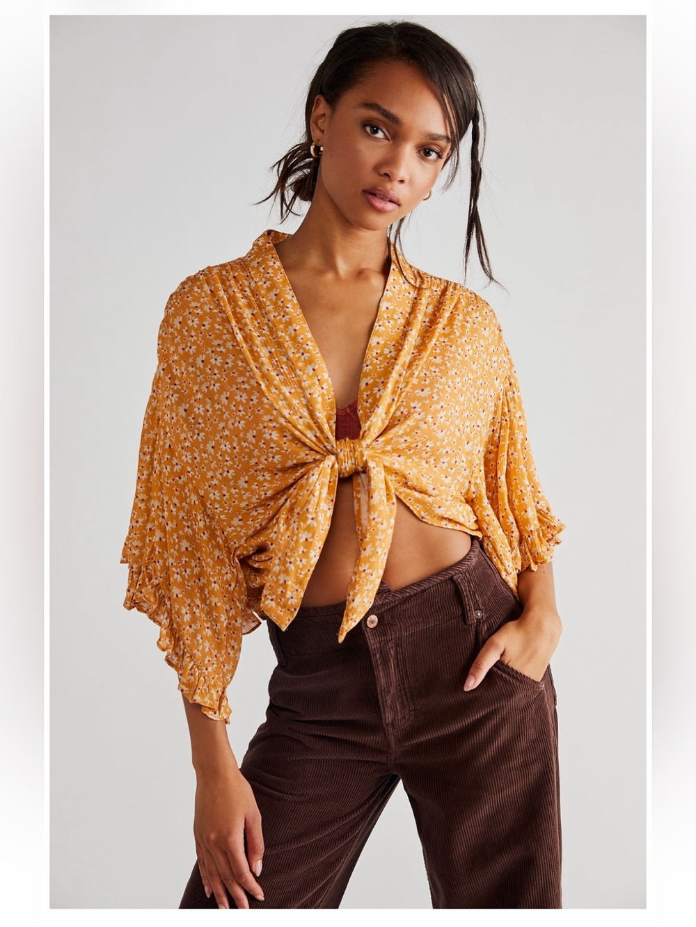 Free People Floral Tie-Front Crop Top in Mustard
